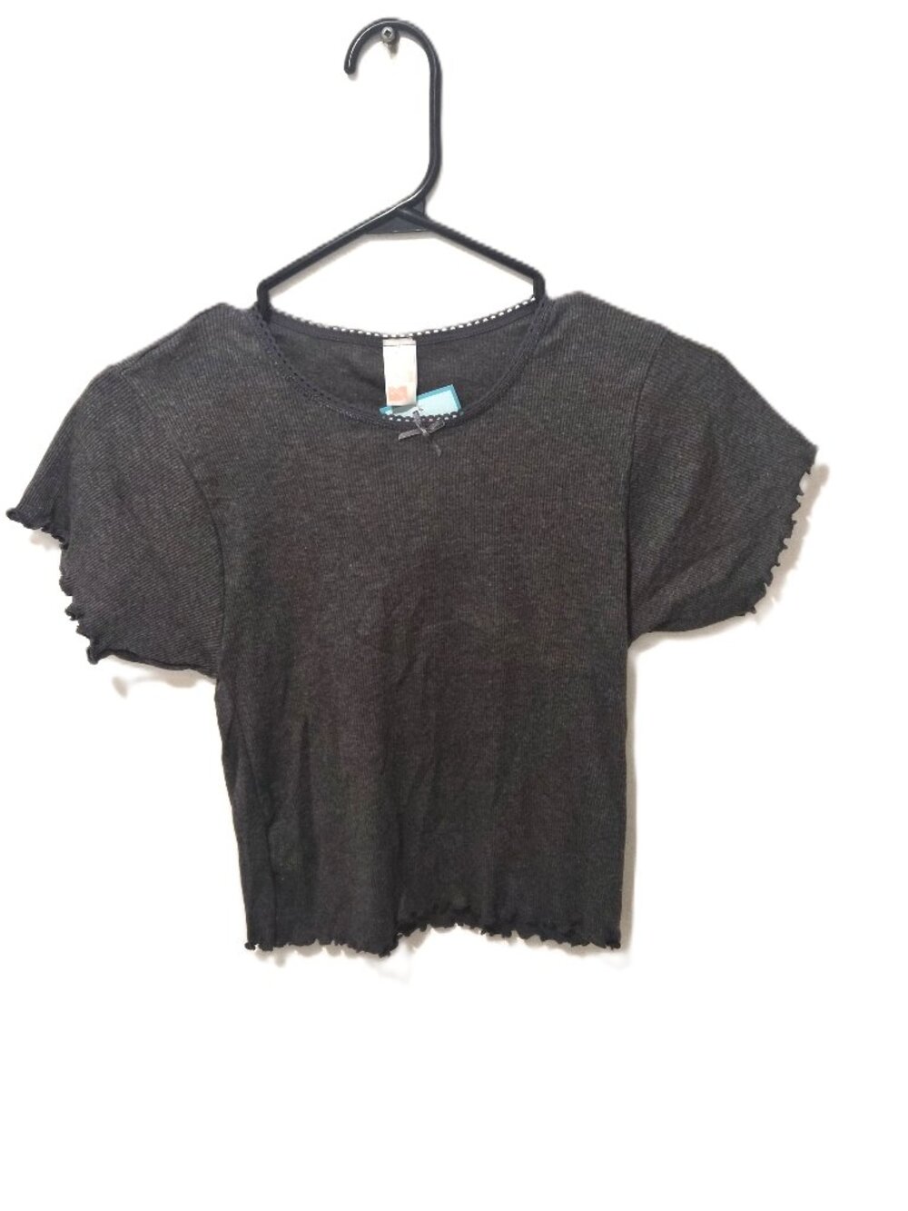 Vintage 90s Gray Ribbed Crop Top NWT NOS Baby Tee Lettuce Edge Bow Y2K Clueless